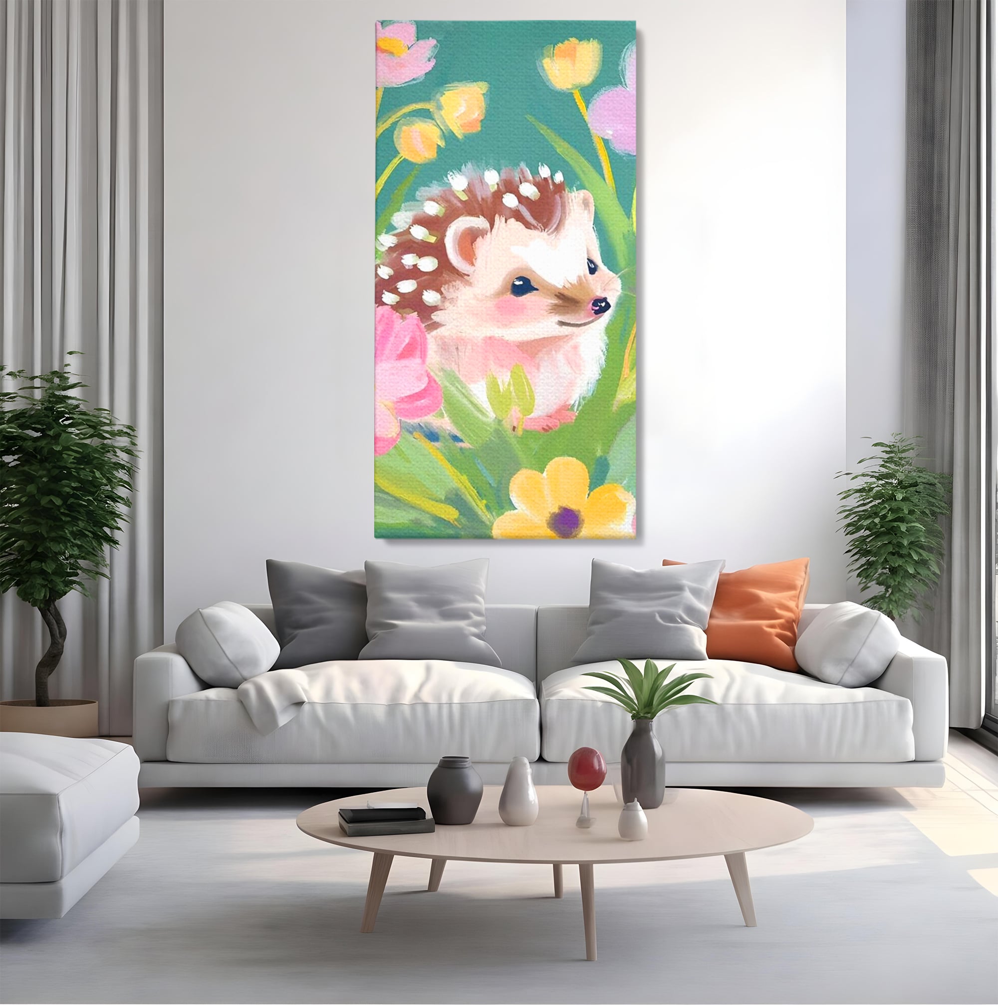 Tablou canvas cu tablou canvas cu arici si flori, fara rama, pe sasiu de lemn, pe perete intr-un living